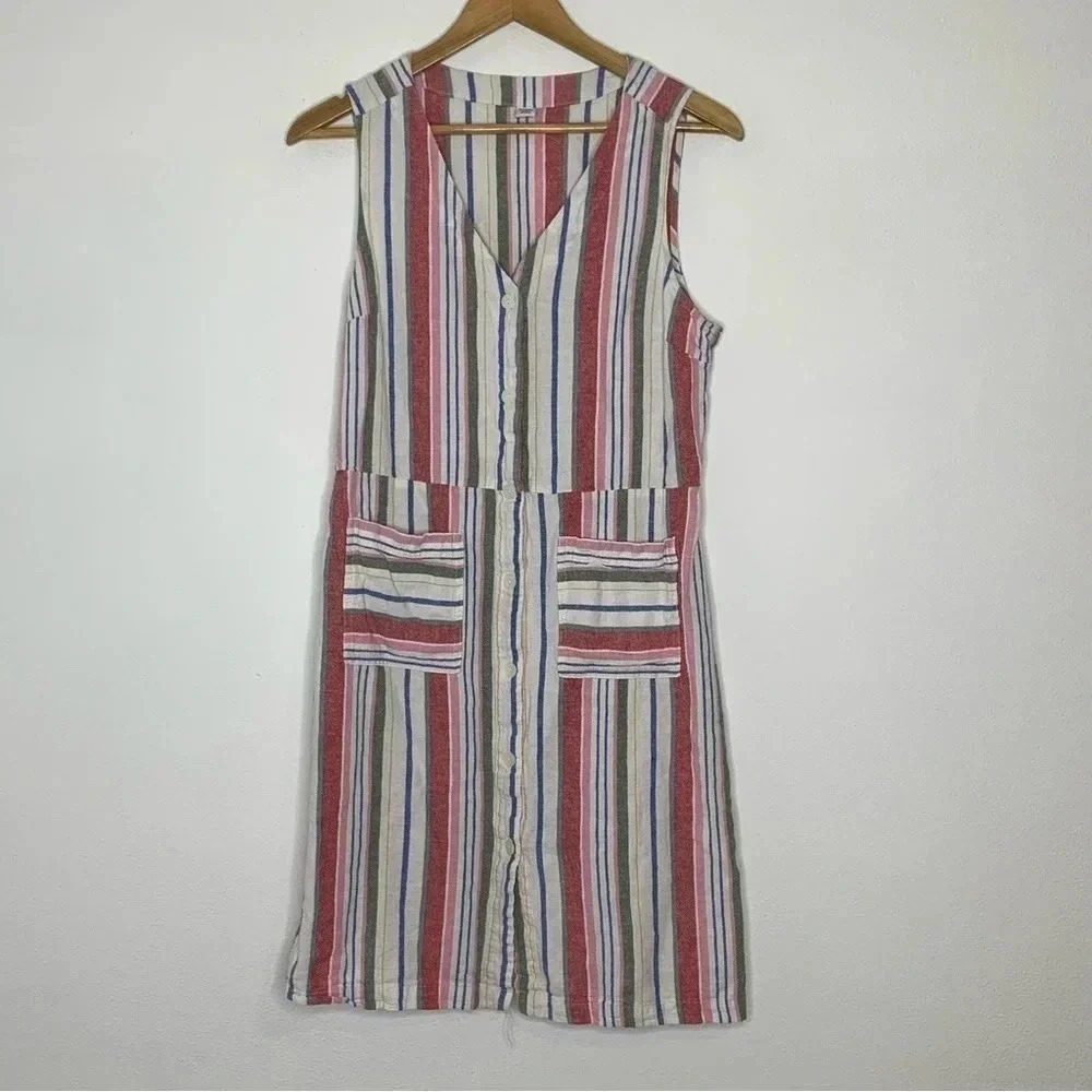 Old navy womens striped midi dress sleeveless linen blend pockets v neck sz L - Picture 4 of 8